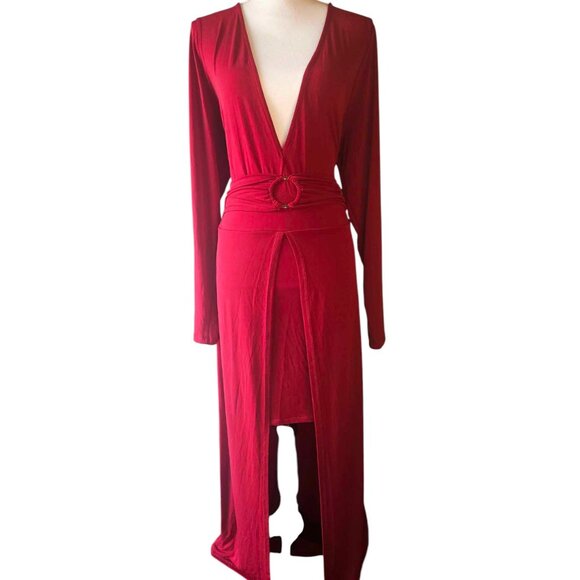 Curvy Sense 2X Red maxi dress long sleeve belted waist, and deep V-neckline - Picture 1 of 4